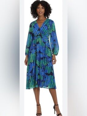 Maggy London V-Neck Blue & Green Floral Wrap Midi Dress Size 6